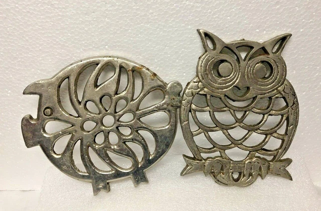 Vintage 1970's Cast Iron Owl & Pig Trivets Made in Taiwan