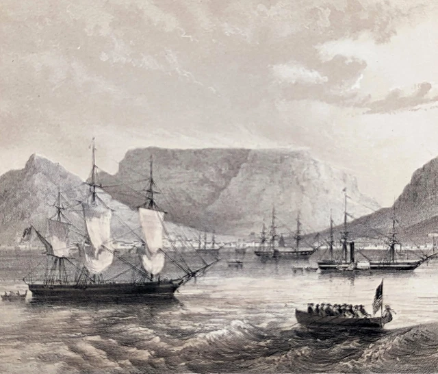 1856 Cape Town South Africa Lithograph Nautical Steam Sail Ships Table Mountains