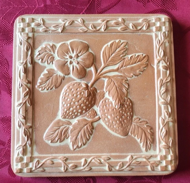 Vintage Hand Crafted in Mexico Terra Cotta Clay Trivet Tile Raised Strawberries