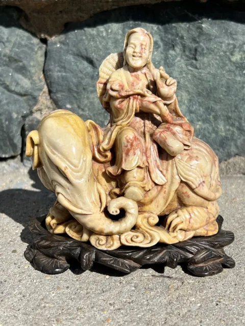 Very  Rare Chinese Stone Carving Qing Dynasty Buddha Ride On Elephant.