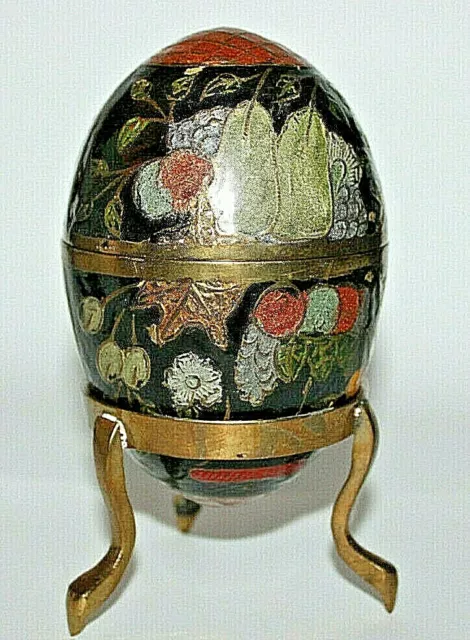 Hand Painted Enamel Solid Brass Trinket Box Cloisonné Egg 6 1/2" W/Brass Stand