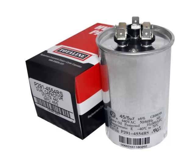 TOTALINE 45+5 MFD uf P291-4554RS 370 or 440 Volt Dual Run Round Capacitor