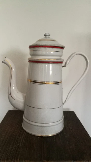 ANCIENNE CAFETIÈRE ÉMAILLÉE blanche et rose EUR 70,00 - PicClick FR