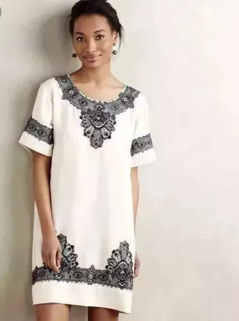 Anthropologie San And Soni Loka Tunic Size XS Beaded Tunic Short Sleeve Ivory