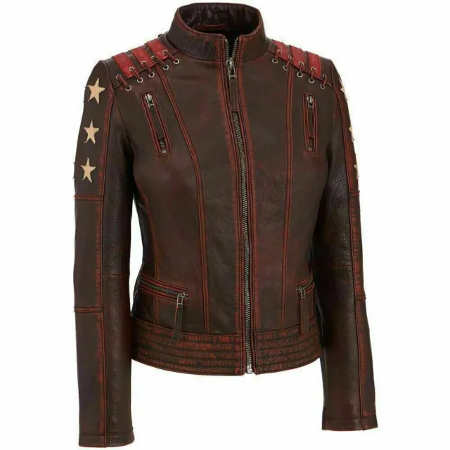 Women's Cafe Racer Ox Blood Vintage Style Red Waxed Real Leather Jacket 3