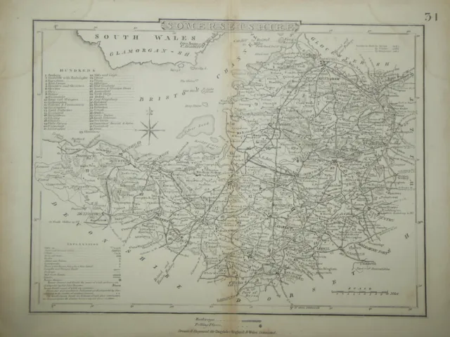 Antiquarian SOMERSETSHIRE Map (c1845) Somerset, English County, Archer/Dugdale