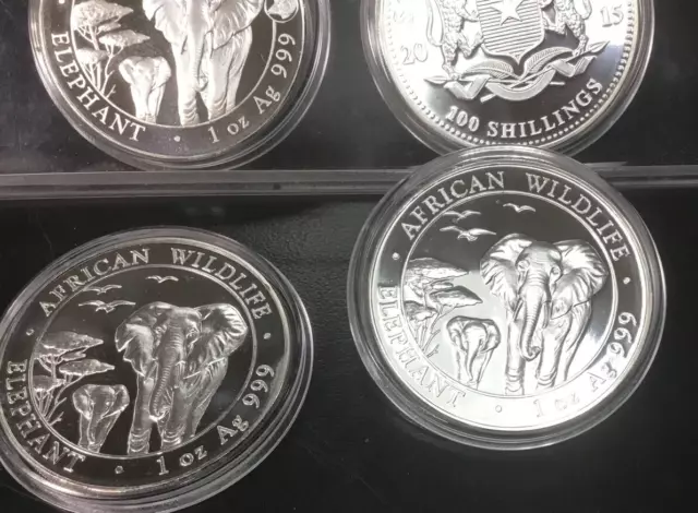 2015 Somalia 100 Shillings 1 Oz. .999 Silver Coin - Elephants  UNC in Capsule! 3