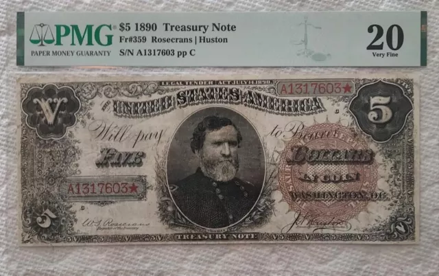 US 1890 $5 Treasury Note Ornate Back Note - Rosecrans / Huston  FR 359 PMG 20 VF
