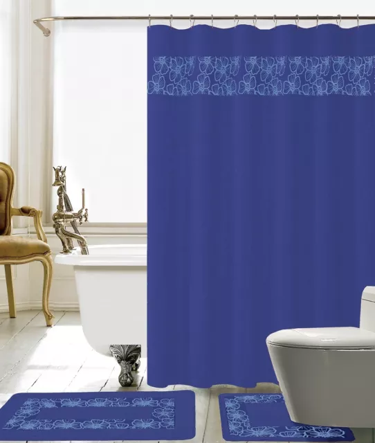 15 Piece Lilian Embroidery Banded Shower Curtain Bath Set (Navy Blue)