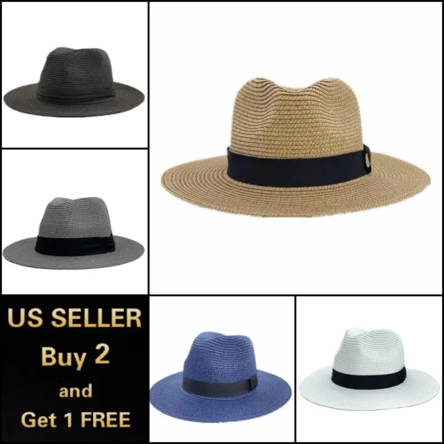 Men Women Straw Panama Hat Fedora Trilby Cuban Sun Cap Wide Brim Floral Summer