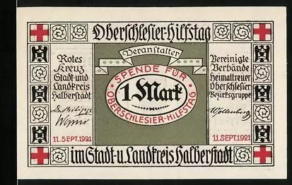Notgeld Halberstadt 1921, 1 Mark, Oberschlesischer Hilfstag Rotes Kreuz, Kriege