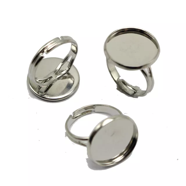 20 anillos ajustables en tono plateado almohadilla cabujón bisel taza de ajuste 16 mm