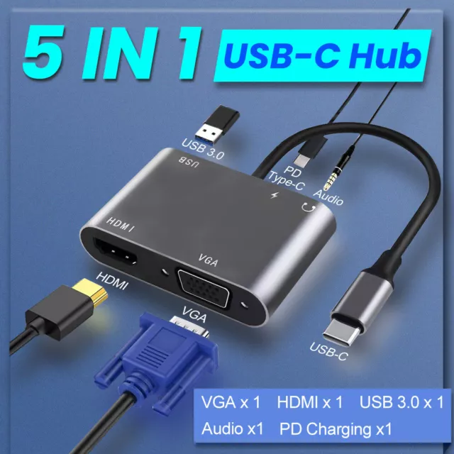 5 in 1 USB-C to VGA Adapter Hub 4K HDMI PD Type-C USB 3.0 for Macbook Pro iPad