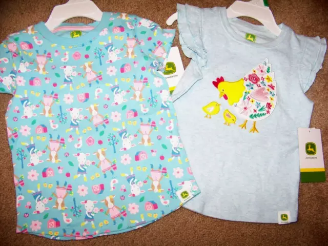 NWT John Deere Lot 2 s/s Tee Shirts Girl's 2t ~ Farm & Chicken ~ Blue