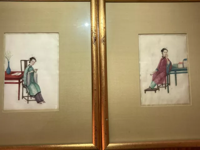 Lovely Pair of 19th Century Chinese Hand-painted Watercolor Paintings, MB389