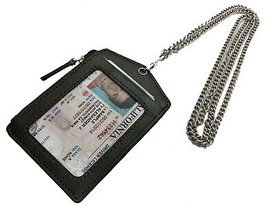 Green Premium Genuine Leather ID Badge Holder Lanyard Metal Chain Zip Wallet