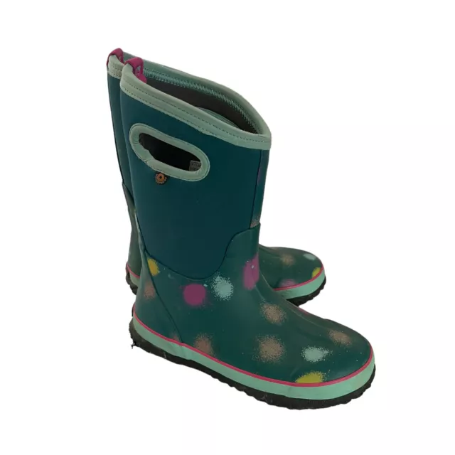 Bogs Classic Waterproof Rain Chore Boots Size 4 Youth Teal Green Polka Dot