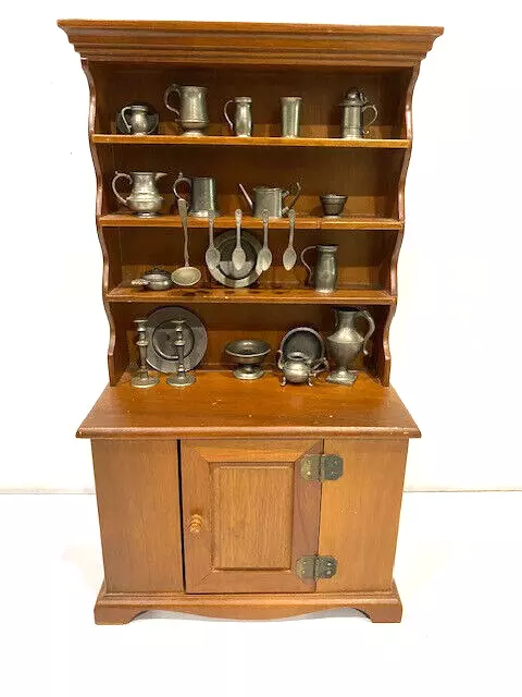 Miniature Franklin Mint Kitchen Hutch With 29 Pcs. Of Fm Pewter Miniatures