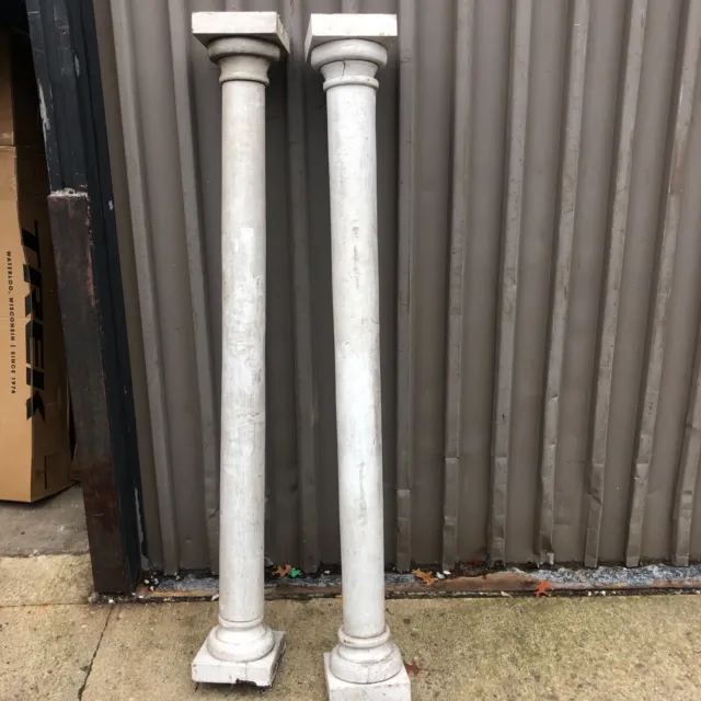 vintage wooden round porch post column solid capital & plinths 66” x 5” diameter