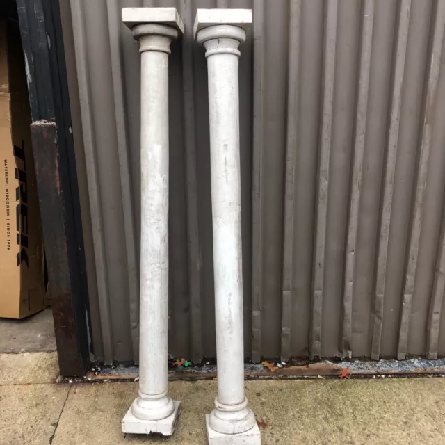 vintage wooden round porch post column solid capital & plinths 66” x 5” diameter