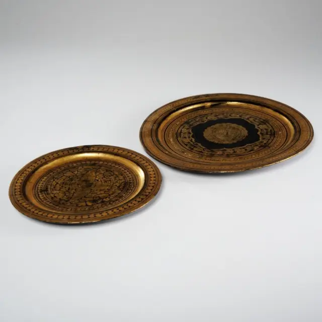 Burmese Antique Lacquerware Black Gold Wood Plates 19thC Peacock Myanmar Ran Yun 7