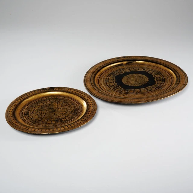 Burmese Antique Lacquerware Black Gold Wood Plates 19thC Peacock Myanmar Ran Yun 7