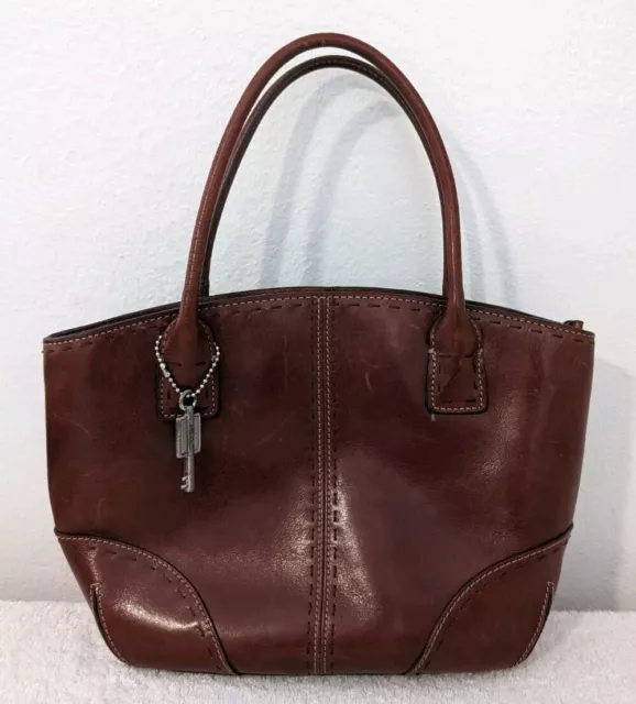 Fossil Vintage Brown Leather Y2K Mini Top Handle Satchel Tote w/ Key Charm