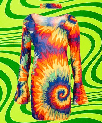 189 ✪ 60er 70er Ans trompettes manches Hippie Arc en batik robe Flower-Power 