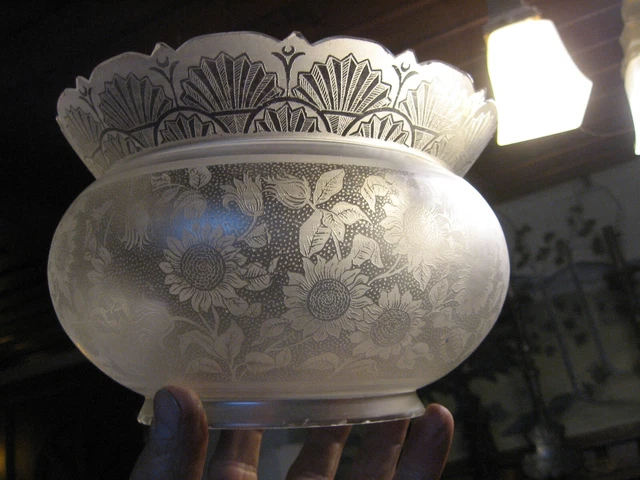 Antique Satin Glass Acid Etched Sunflower Victorian Gas Kerosene Oil Lamp Shade