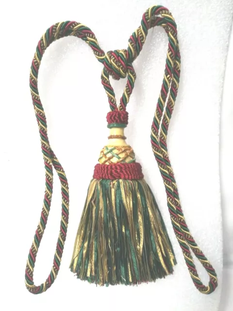 2 Resin Top, Ribbon TIE-BACKS 9" Tassel - WINE RED/GREEN/GOLD - Drapery Trim