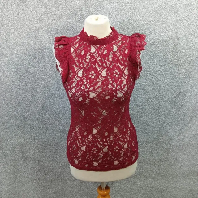 Oasis Burgundy Floral Lace Vest Top Frill Cap Sleeve Sheer Embroidery Y2K Uk Xs