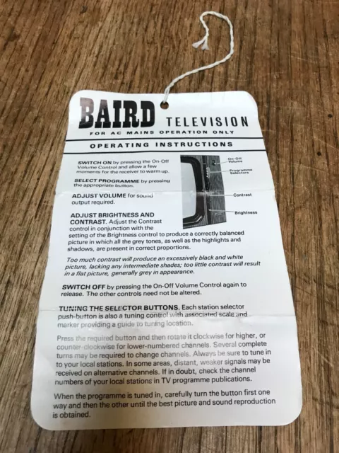 Vintage 1960s/70s Baird Television Operating Instructions Label for TV set retro