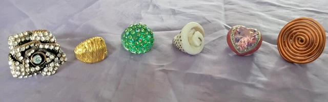 LOT 6 Vintage FUN FASHION RINGS Crystal Rhinestone, Lucite, Shell, Copper, Wire