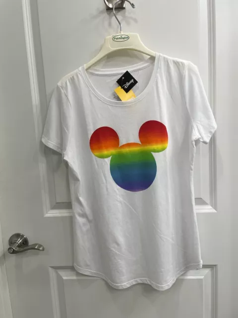 Rainbow Mickey Mouse Logo White T shirt Juniors Small Disney Juniors/Teens