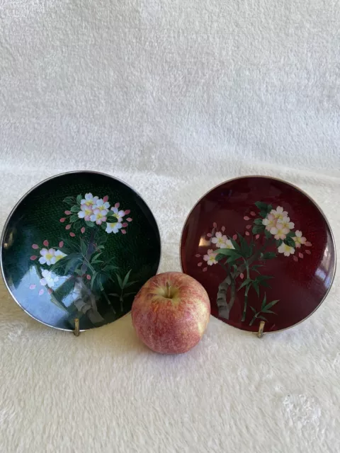 Pair of Japanese Meiji period cloisonne enamel flower plates