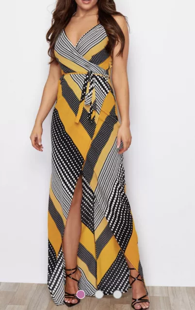 GIRL IN MIND Mia Wrap Maxi Dress Yellow Spot And Stripe Print UK