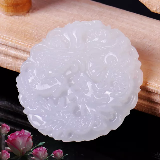 Natural White Jade Hand Carved Necklace Pendant Chinese Dragon Phoenix Mascot Lp