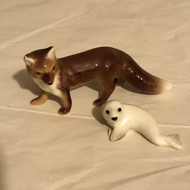 Vtg Retired Hagen Renaker Bone China Figure Brown Papa Fox & White Baby Seal