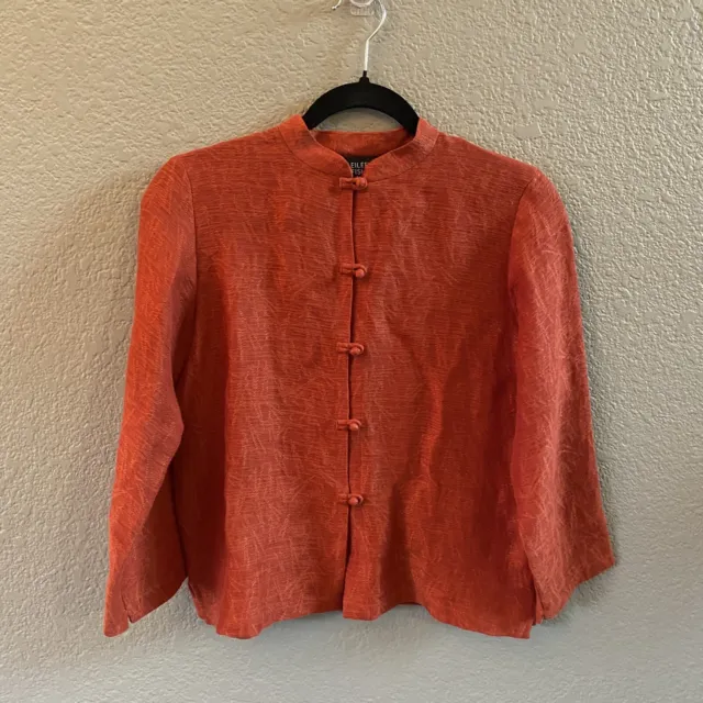 Eileen Fisher Blouse Petite P Orange Rust Button Up Linen Blend Mandarin Collar