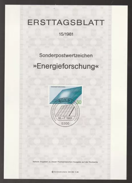 BRD Ersttagsblatt Energieforschung Solargenerator ETB 15-81