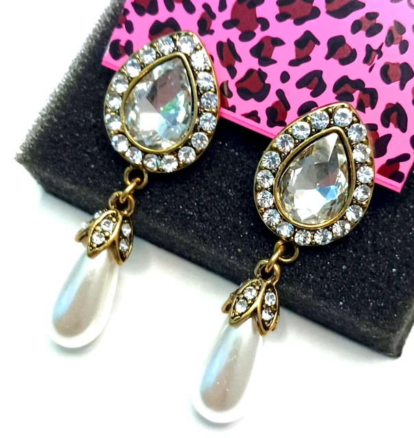 Elegant Water Drop JEWEL Rhinestone Flower Leaf PEARL Betsey Johnson Earrings