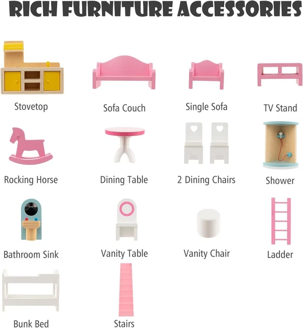 MAXMASS KIDS WOODEN Dollhouse, Pretend Dolls House with Furniture