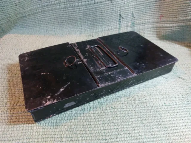 Vintage Black Cash Box Tin -  2 Hinge Lids & 1 Sliding Lid