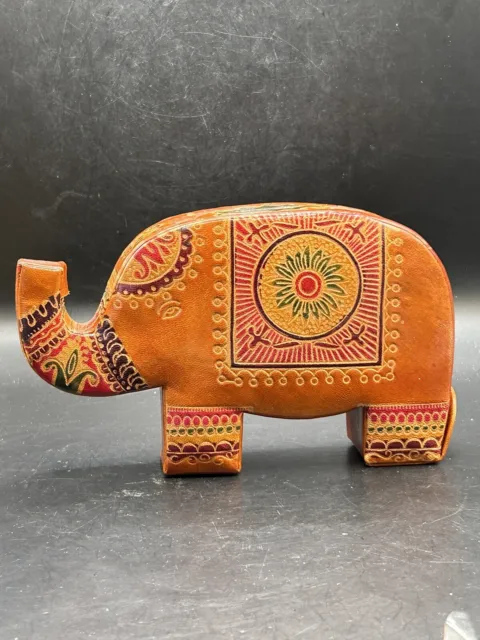 Vintage Hand Made Painted Real Leather Elephant Money Box