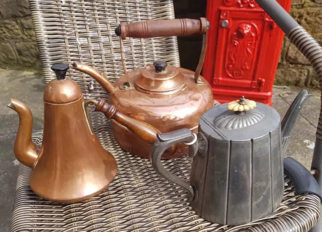 Antique Lot 3 Items copper kettle with , Copper Chocolate Pot & Pewter Teapot !