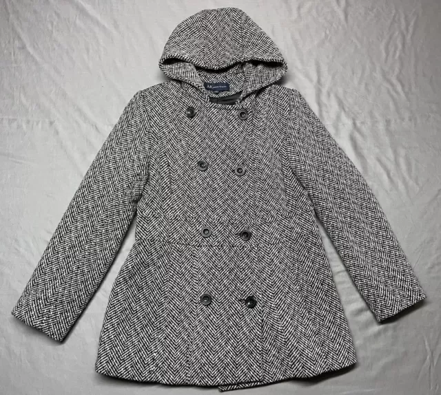 AK Anne Klein Women's Wool Blend Black/White Pea Coat Size Large Hooded Jacket