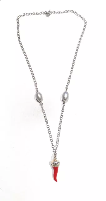 Collar Perlas Gris Plata de Ley 925 Corneta Esmaltado Pieza Única Rodio