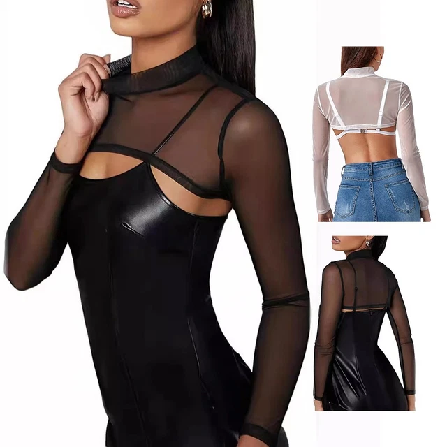 Maglietta Da Donna Sexy See Through Maglia Trasparente Top Manica Lunga T-Shirt A Collo Alto Da Donna Slim Trasparente - Foto 6