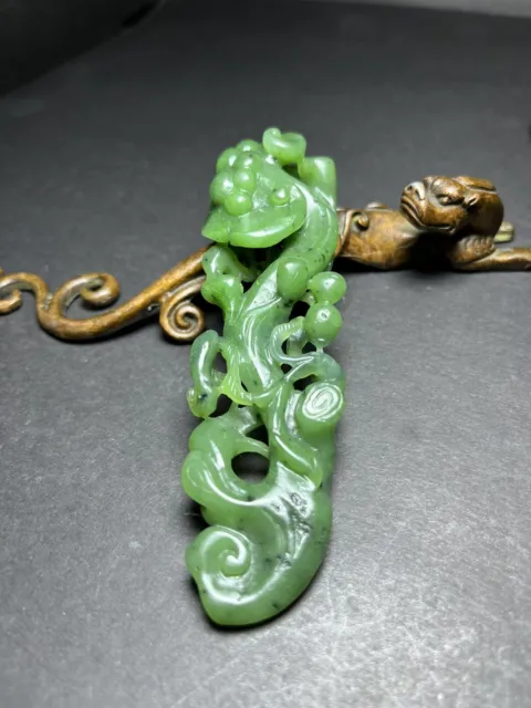Chinese Exquisite Handmade Ruyi carving Green Hetian Jade Statue