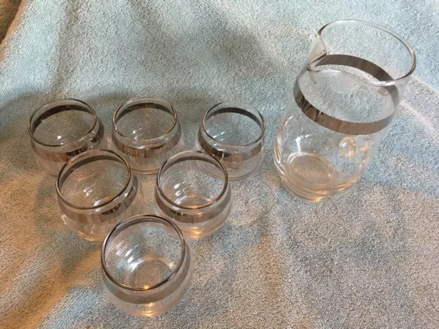 VINTAGE 1960s Glass Cocktail Pitcher & 6 Glasses w/Silver Trim MINT CONDITION